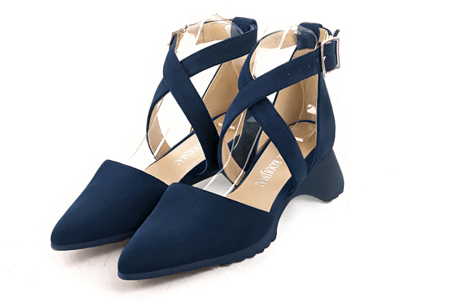 Navy blue women's open side shoes, with crossed straps.. Front view - Florence KOOIJMAN